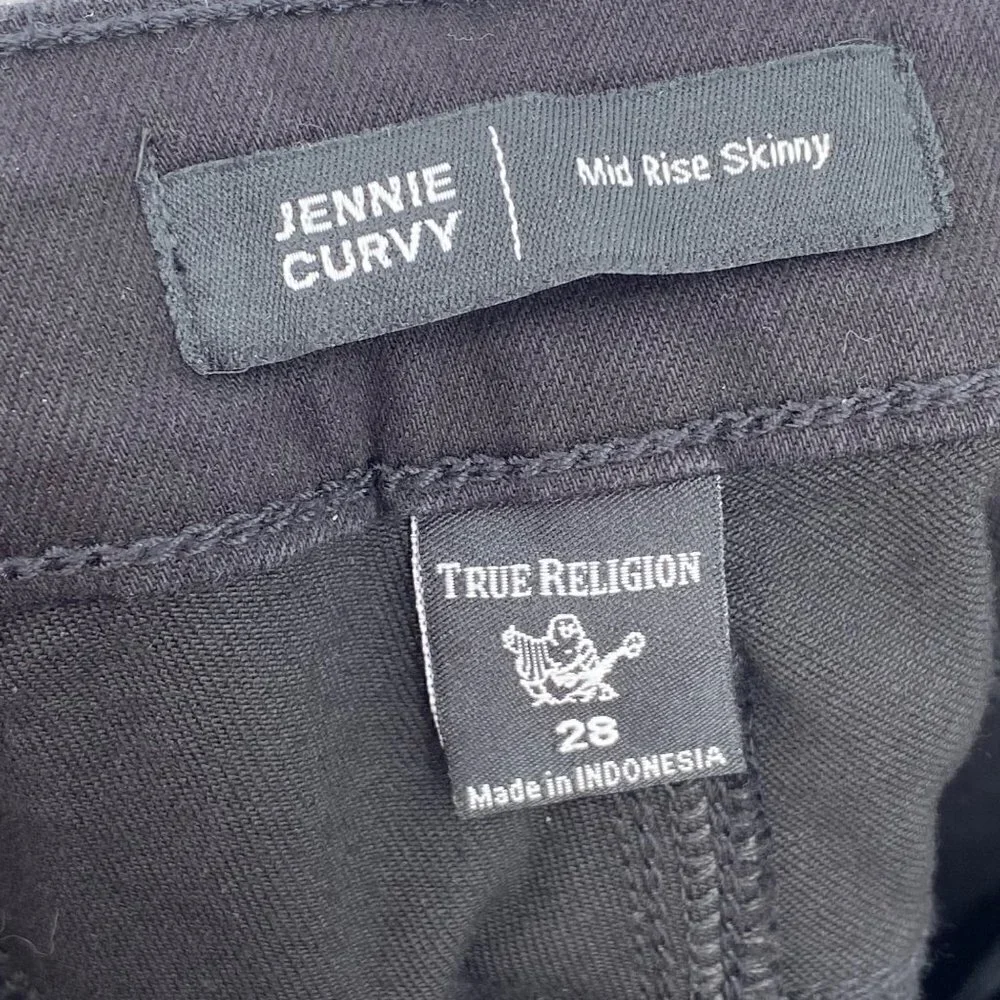 True Religion Jennie Curvy Mid Rise Skinny Distressed Black Jeans Women's Sz 28